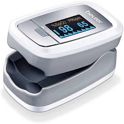 Pulse oximeter shows oxygen saturation of 98% and pulse rate of 65. Predominantly grey with white border.