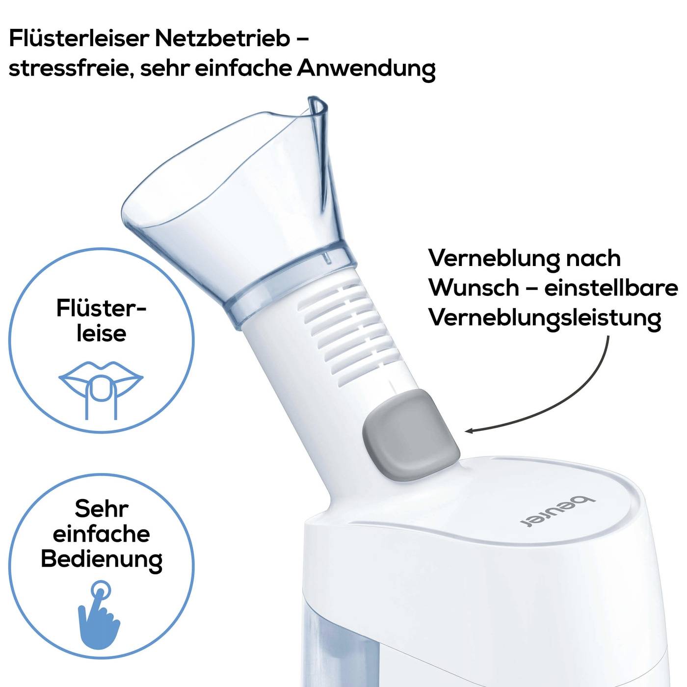 Whisper-quiet nebuliser with simple operation and adjustable misting intensity. Ideal for stress-free applications.