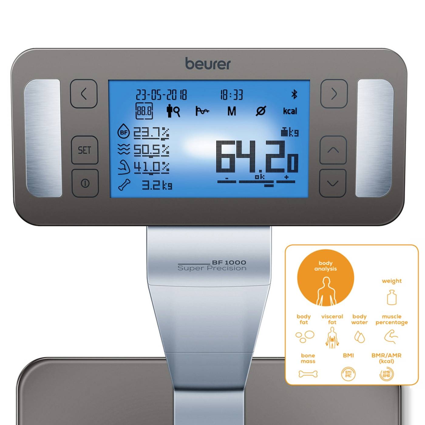 Digital scale showing weight: 64.2 kg. Toolbar below displays measurements for body fat, water content, muscle and bone mass.