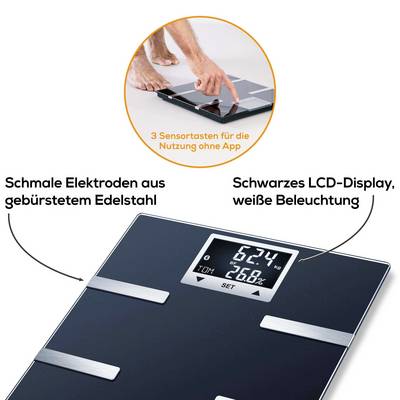 Black weighing scale with LCD display, white illumination. Shows weight and connects via app. Smart touch buttons on brushed stainless steel.