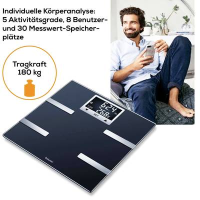 A person is sitting smiling and holding a smartphone. Next to them is a digital scale displaying '62.4 kg'. Text: 'Weight Capacity 180 kg'.