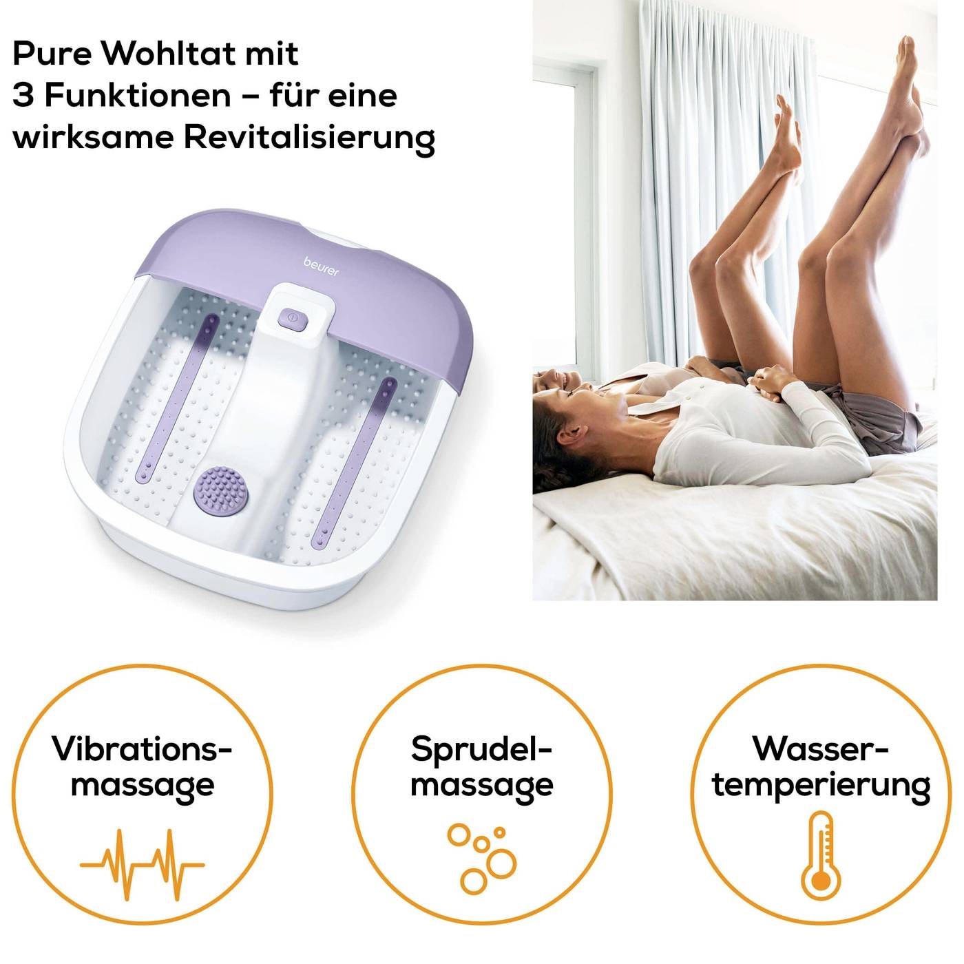 'Woman with foot bath on sofa, Text: Pure bliss with 3 functions – for effective revitalisation. Functions: Vibration massage, Bubbling massage, Water temperature control.'