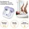 'Woman with foot bath on sofa, Text: Pure bliss with 3 functions – for effective revitalisation. Functions: Vibration massage, Bubbling massage, Water temperature control.'