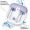 A foot spa with a purple cover, suitable up to shoe size 50. Text shows functions: Foot bed to support massage effects.