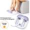 Using a foot spa with massage attachment. Text: 'With massage attachment – for that extra touch of relaxation'. Product image shows details.