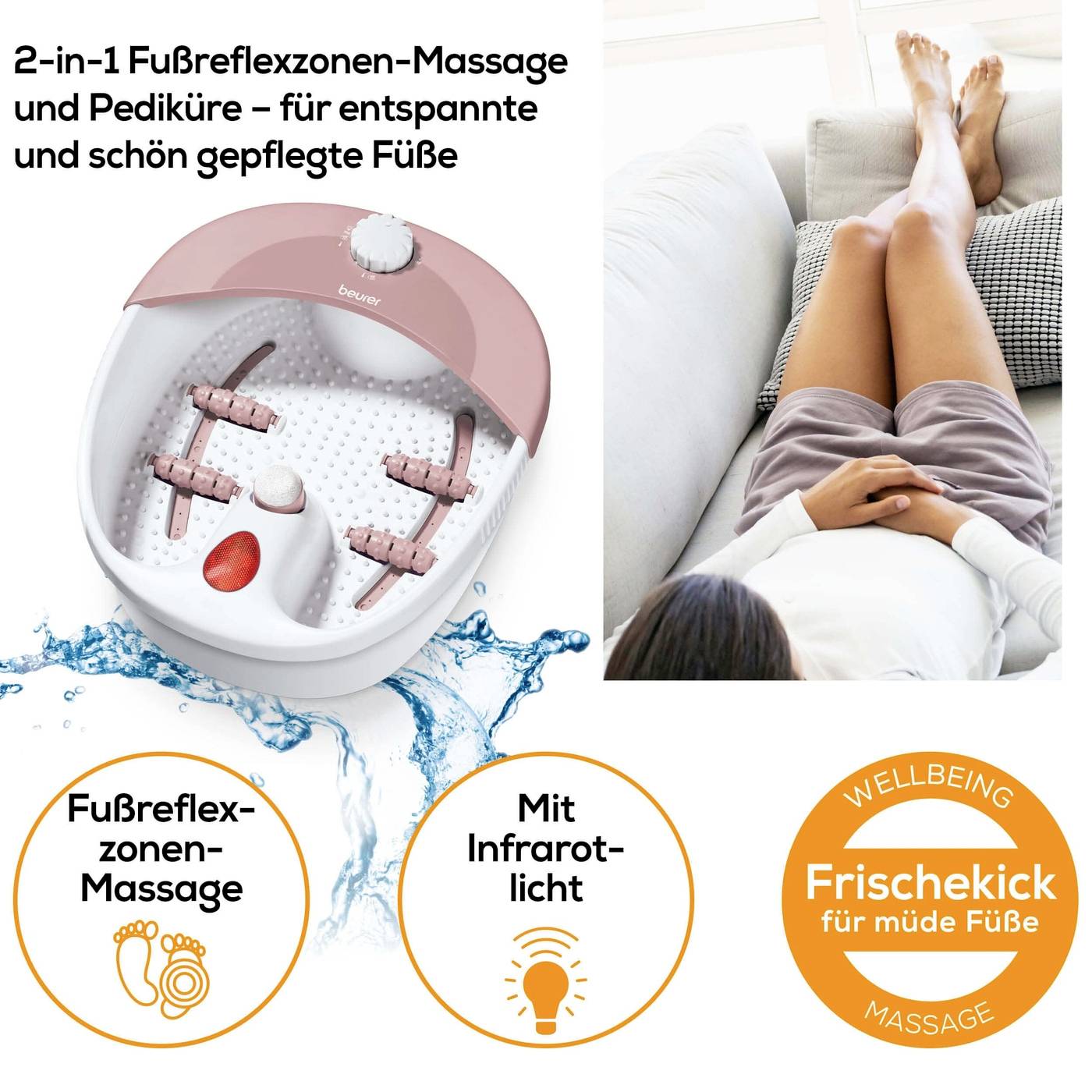 '2-in-1 Foot Reflexology Massage Device with Pedicure. Woman relaxing with feet in device. Text: "Revitalising Boost for Tired Feet" and Massage symbols.'