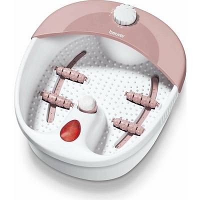 Foot spa with white and pink design. It features massage rollers and a control button.