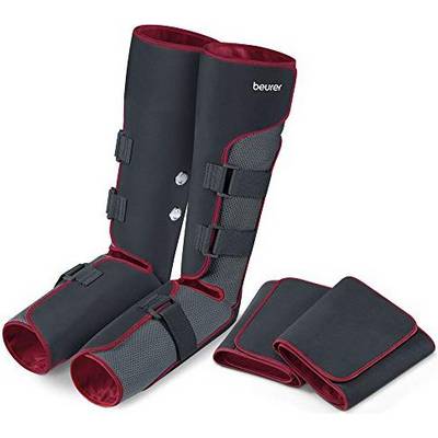 Electric leg cuffs in black and red for massage and relaxation. Brand name visible on the cuff.