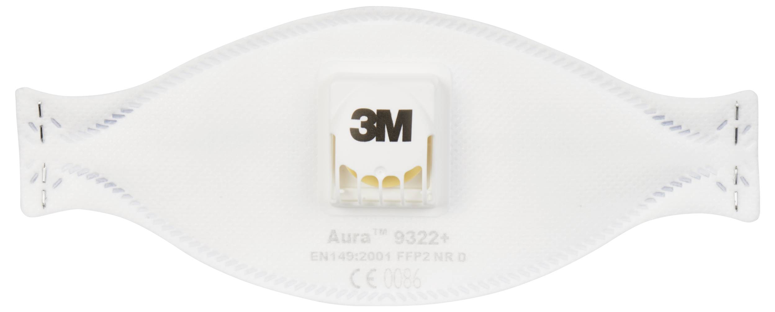 Respiratory mask with valve, white, product name '3M Aura 9322+'. Protects against particles, FFP2 classification.