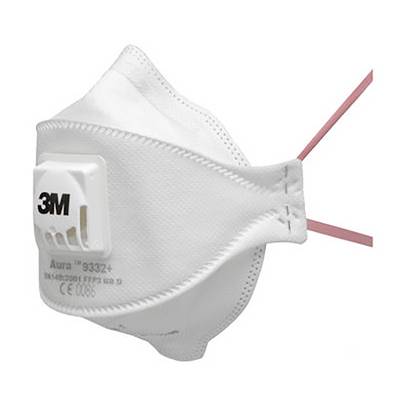 3M Aura 9332+ Respiratory Mask with Valve in White with Red Elastic Straps for Enhanced Comfort and Protection.