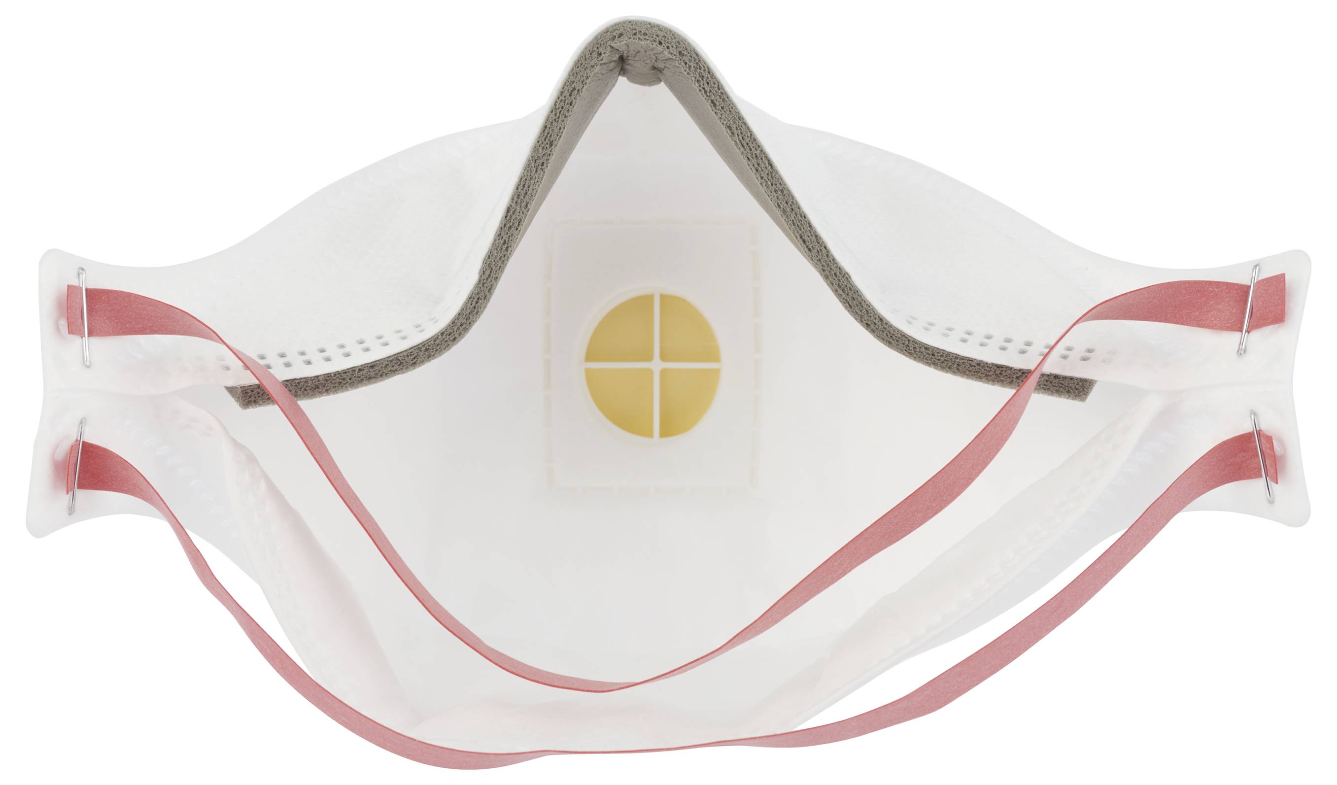 A white respiratory mask with a yellow valve in the centre and red elastic straps, viewed from below.