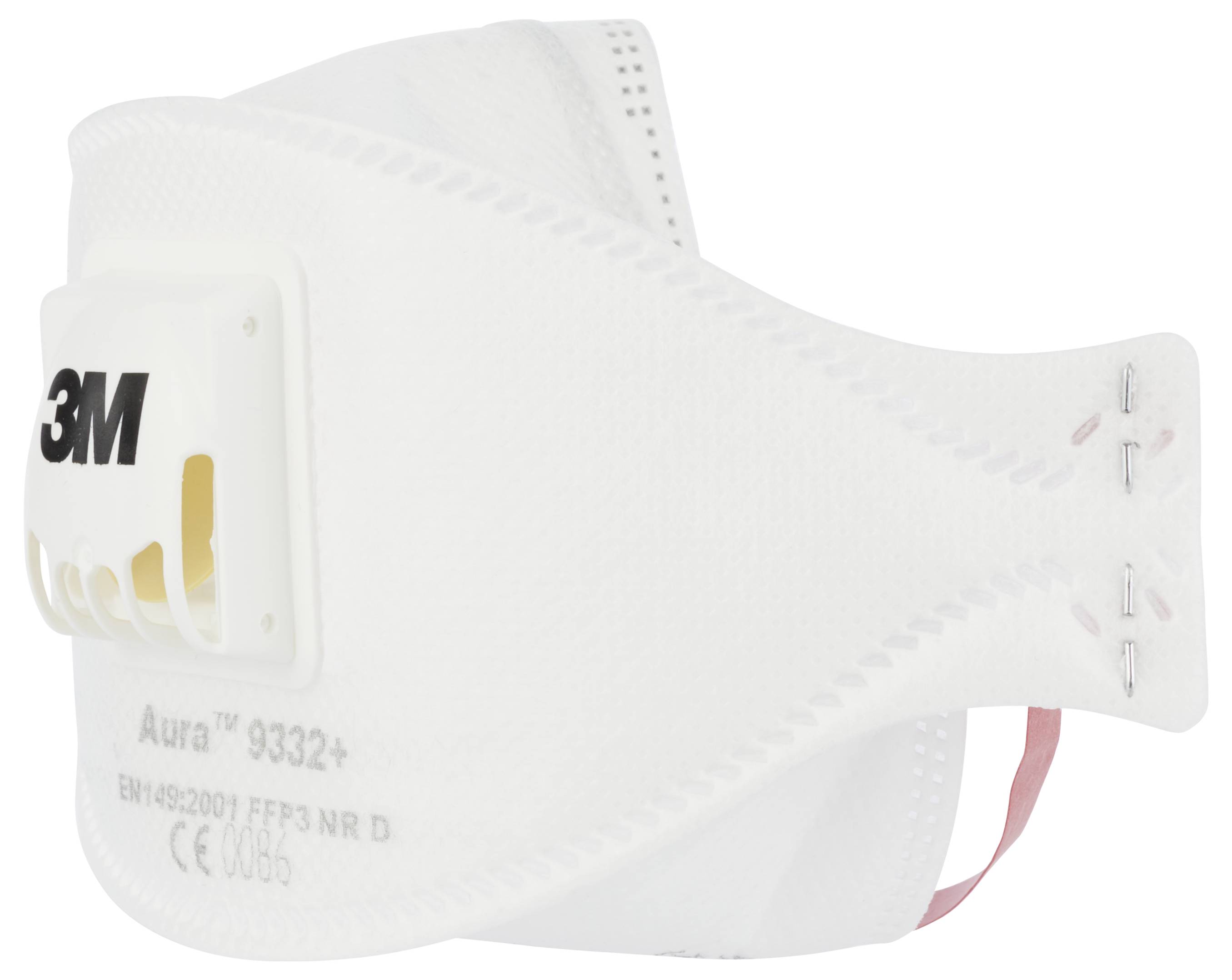 A white 3M FFP3 respiratory protective mask with valve, Aura 9332+ model, for protection against particles and aerosols.