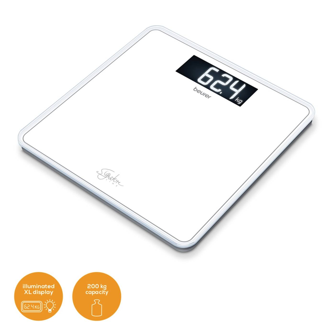 Electronic scales with digital display showing '62.4 kg'. White, square shape. Symbols: 'Illuminated XL display' and '200 kg capacity'.