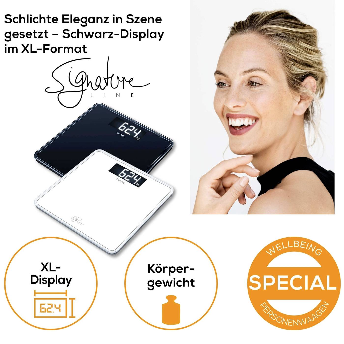 Woman smiles and holds dental floss. In the background, white digital scales showing '6.24'. Text: 'Simple Elegance', 'Special', 'Body Weight'.<br><br>Note: The translation is in British English, maintaining the original context and formatting.