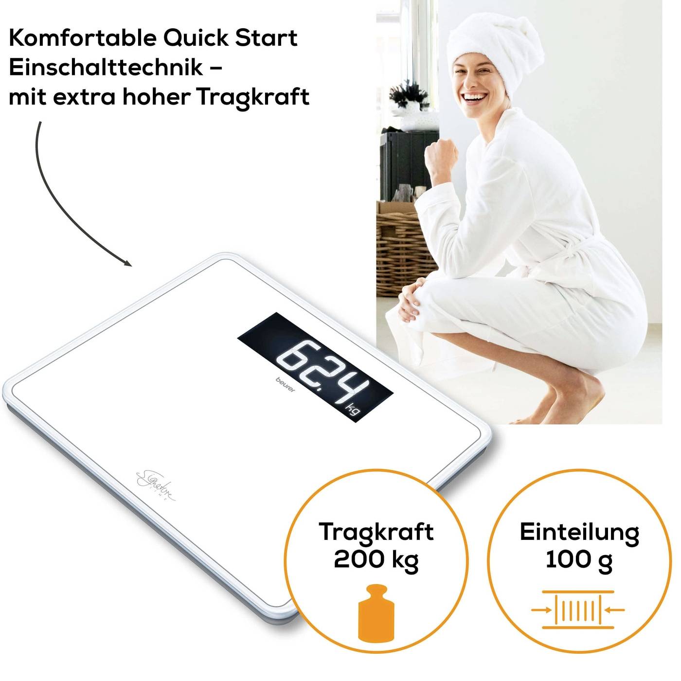 A digital weighing scale shows '62.4 kg'. Next to it stands a smiling person in a dressing gown. Labelled with high load capacity and fine calibration.