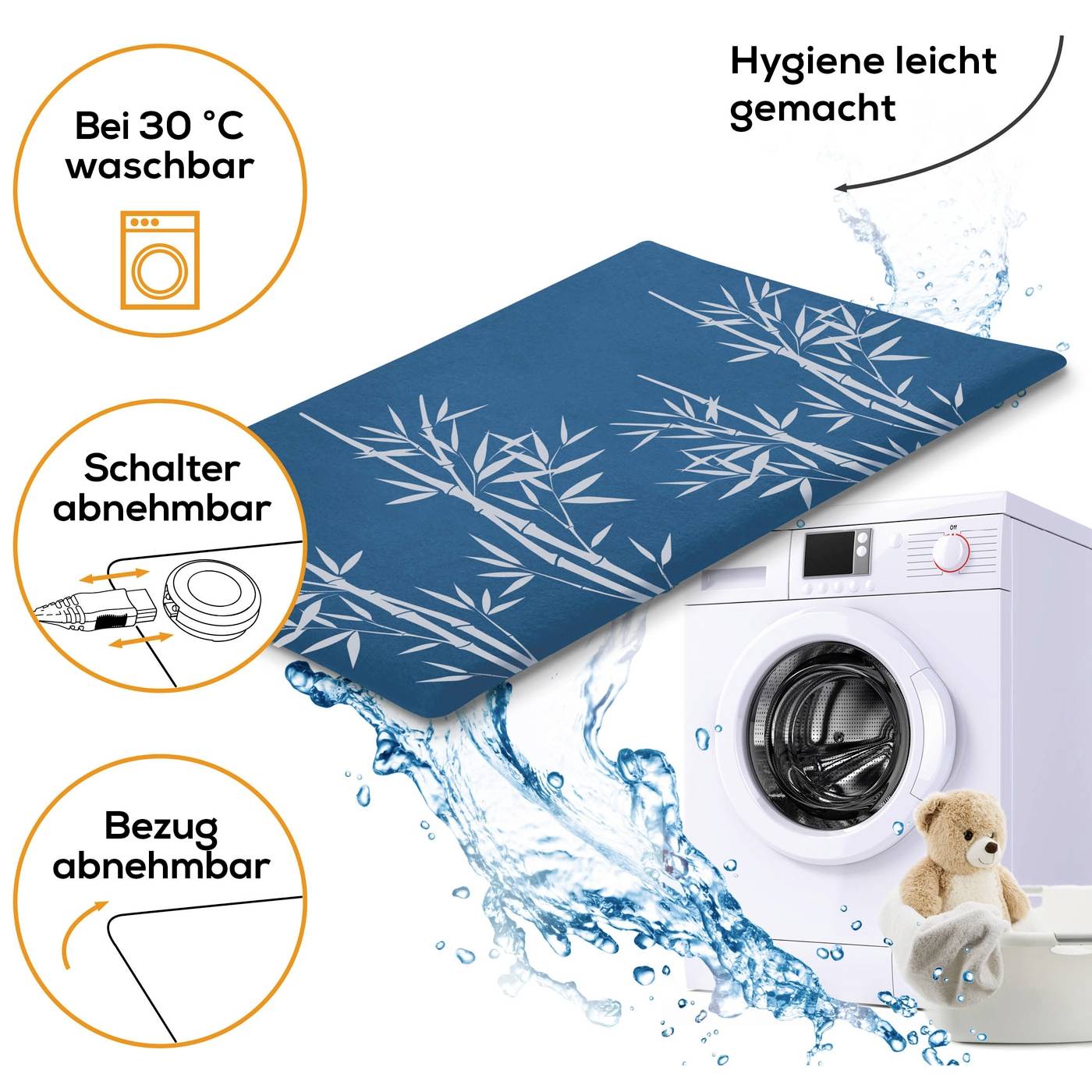 Blue heated blanket with bamboo pattern, removable cover, washable at 30°C. Image of washing machine and plug. Text: 'Hygiene made easy'.