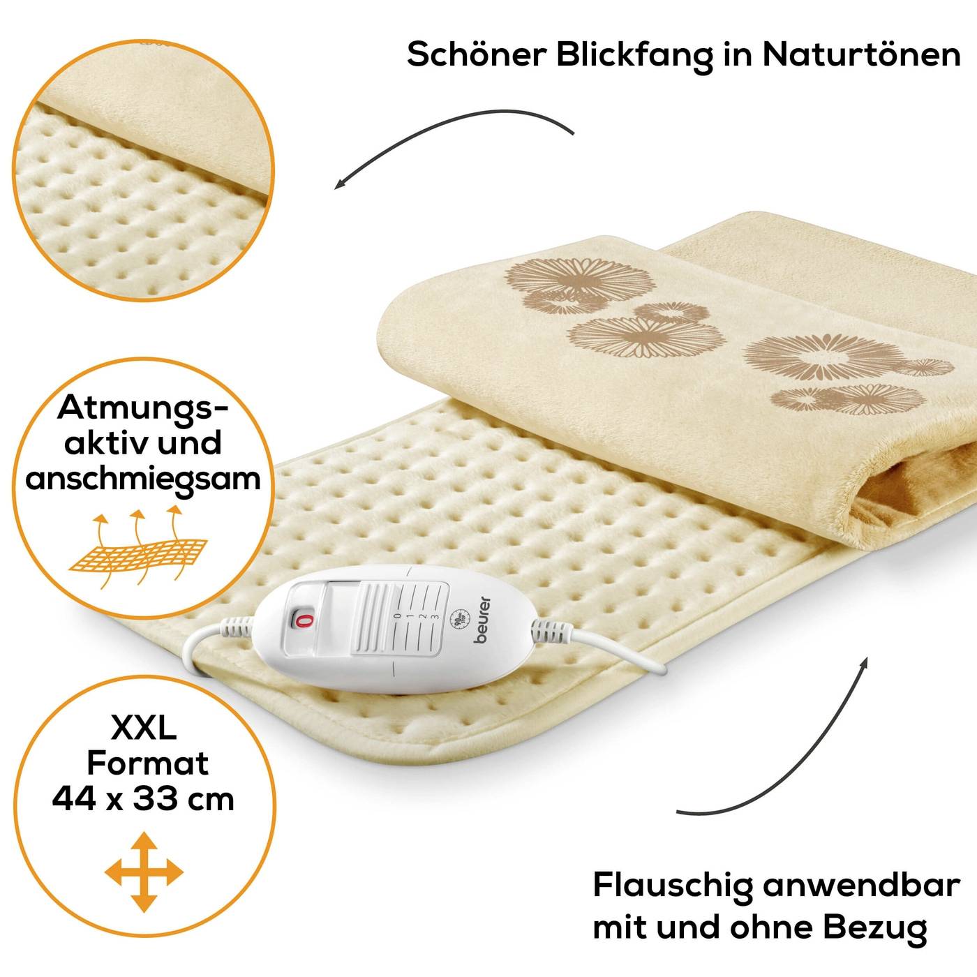 Beige heat cushion with floral pattern, removable cover and XL size (44 x 33 cm). Breathable, comfortable and machine washable.