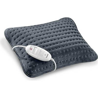 A rectangular, grey heating pad with a textured surface and an attached remote control.