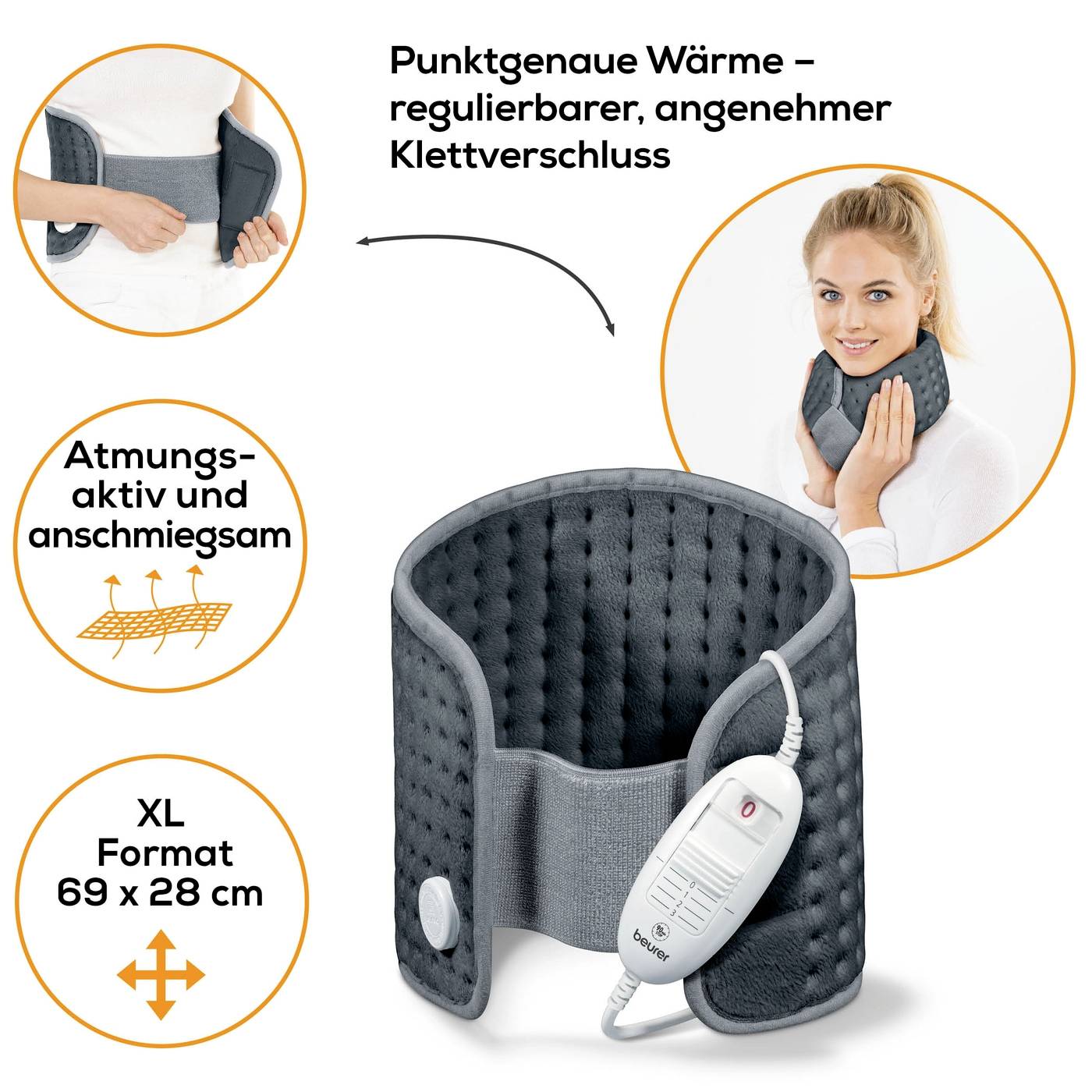 A woman is wearing a heat pad around her neck. The device is breathable and ergonomic, with a velcro fastening. Size: 69x28 cm.