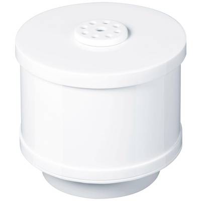 White, cylindrical water filter with holes in the lid, used for purifying tap water.