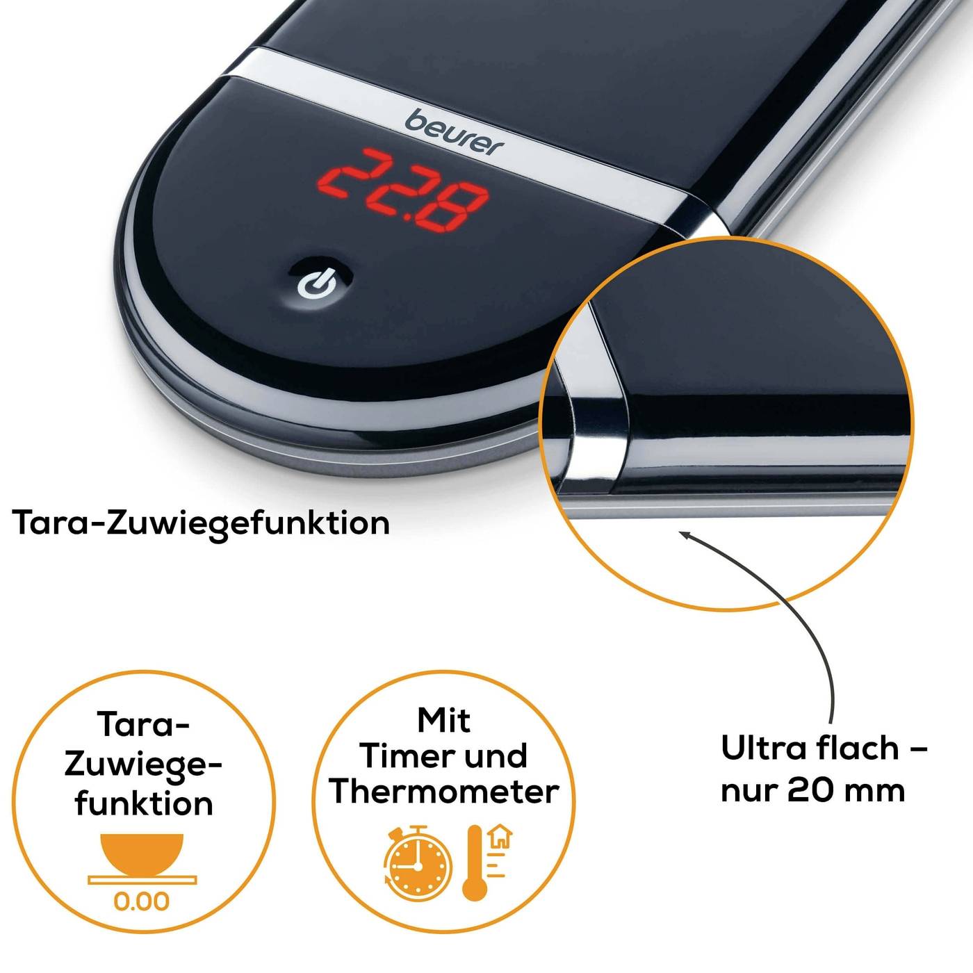 Digital kitchen scale by Beurer with a slim design, tare weighing function, timer and thermometer. LED display shows 2.8.