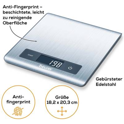 Digital kitchen scales made of brushed stainless steel with anti-fingerprint coating, easy to clean. Displays '198' grams on screen. Size: 18.2 x 20.3 cm.