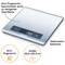 Digital kitchen scales made of brushed stainless steel with anti-fingerprint coating, easy to clean. Displays '198' grams on screen. Size: 18.2 x 20.3 cm.