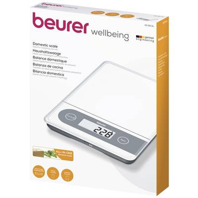 Packaging for a digital bathroom scale with LCD display. Shows '229'. Brand: Beurer. Contains symbols for ingredient measurement.