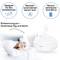Relaxation image with a white aroma diffuser in the bedroom. Text: 'Pure relaxation – whisper-quiet day and night'.