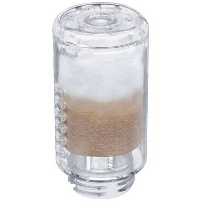 A transparent water filter contains two layers: a white one on top and an orange one at the bottom.