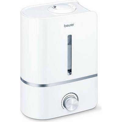 A white air humidifier with a viewing window and rotary dial, 'beurer' brand name at the top.