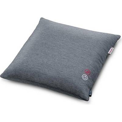A grey, square cushion with an integrated heating element and two buttons for temperature control on the front.