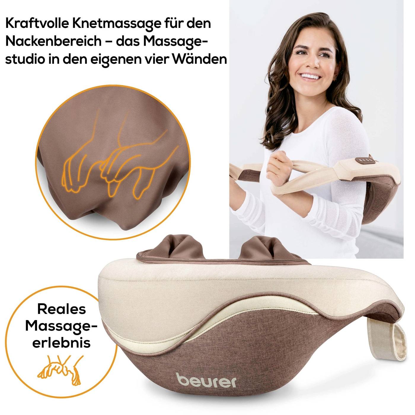 A woman is using a neck massage device by Beurer at home. The device provides a powerful kneading massage for a realistic massage experience.