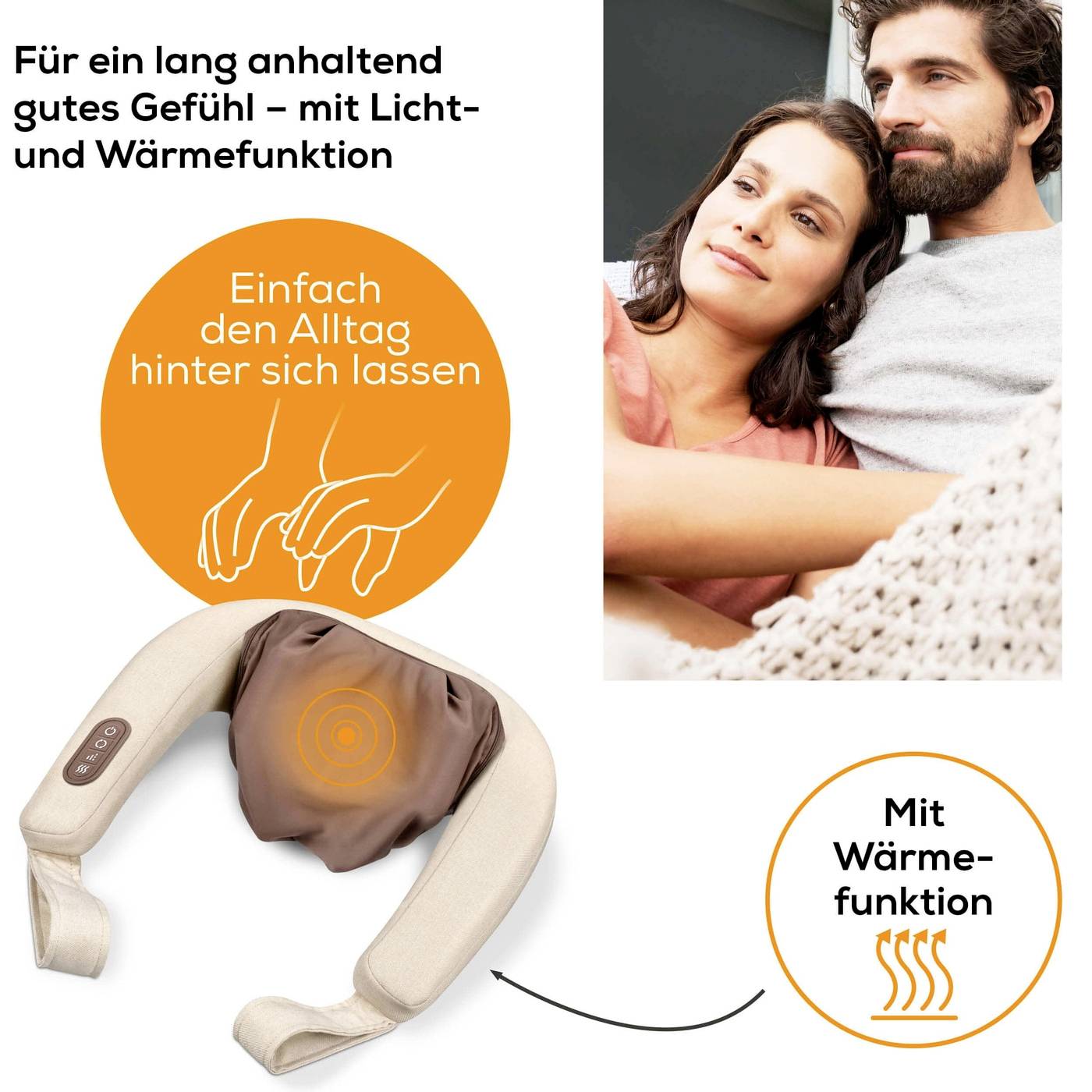 Man and woman relaxing on the sofa. Text: 'Simply leave the daily grind behind'. Neck massage device with heating function shown.