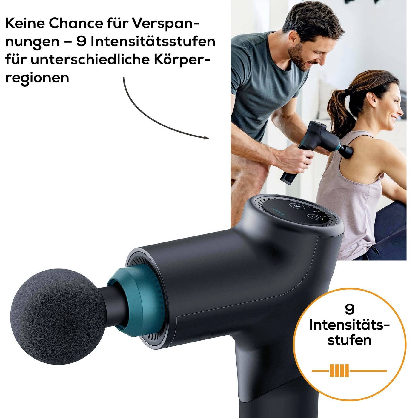 A man is massaging a woman with a massage device. Text shows: 'No chance for muscle tension – 9 intensity levels'.