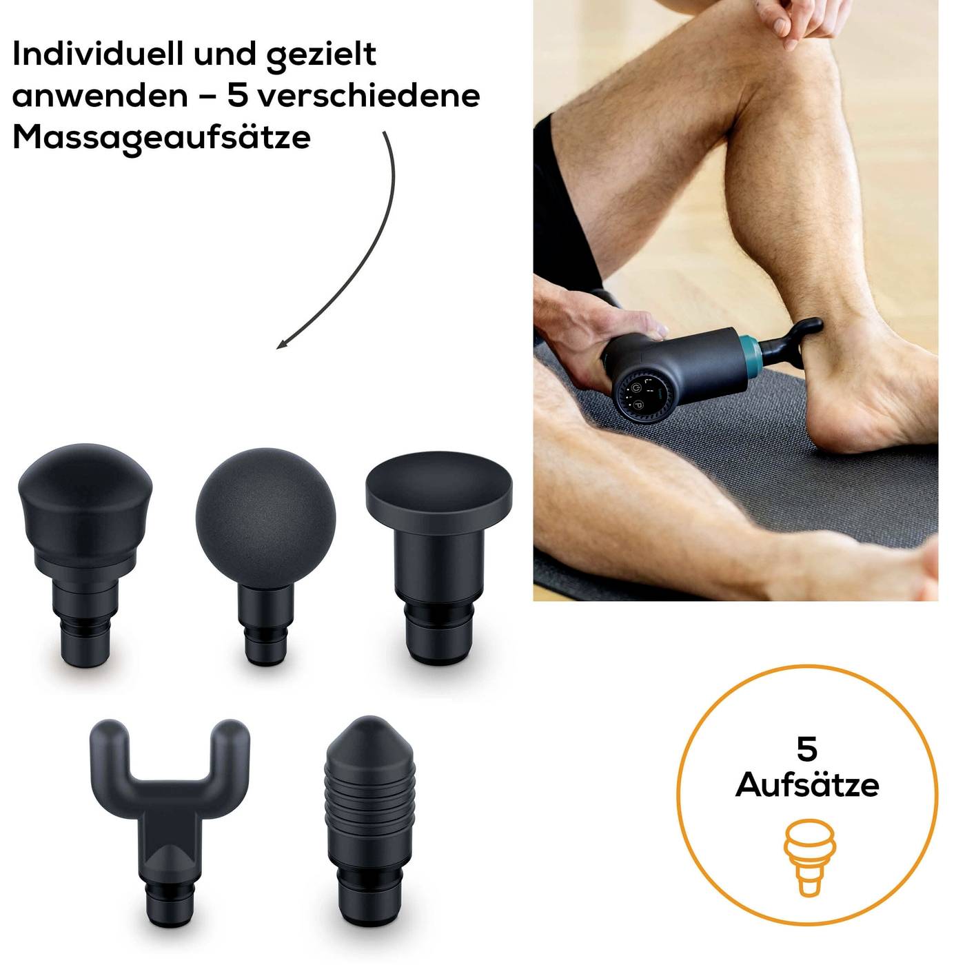 A man is using a massage gun on his leg. On the left, five different massage attachments are shown. Text: 'Apply individually and precisely - 5 different massage attachments'.