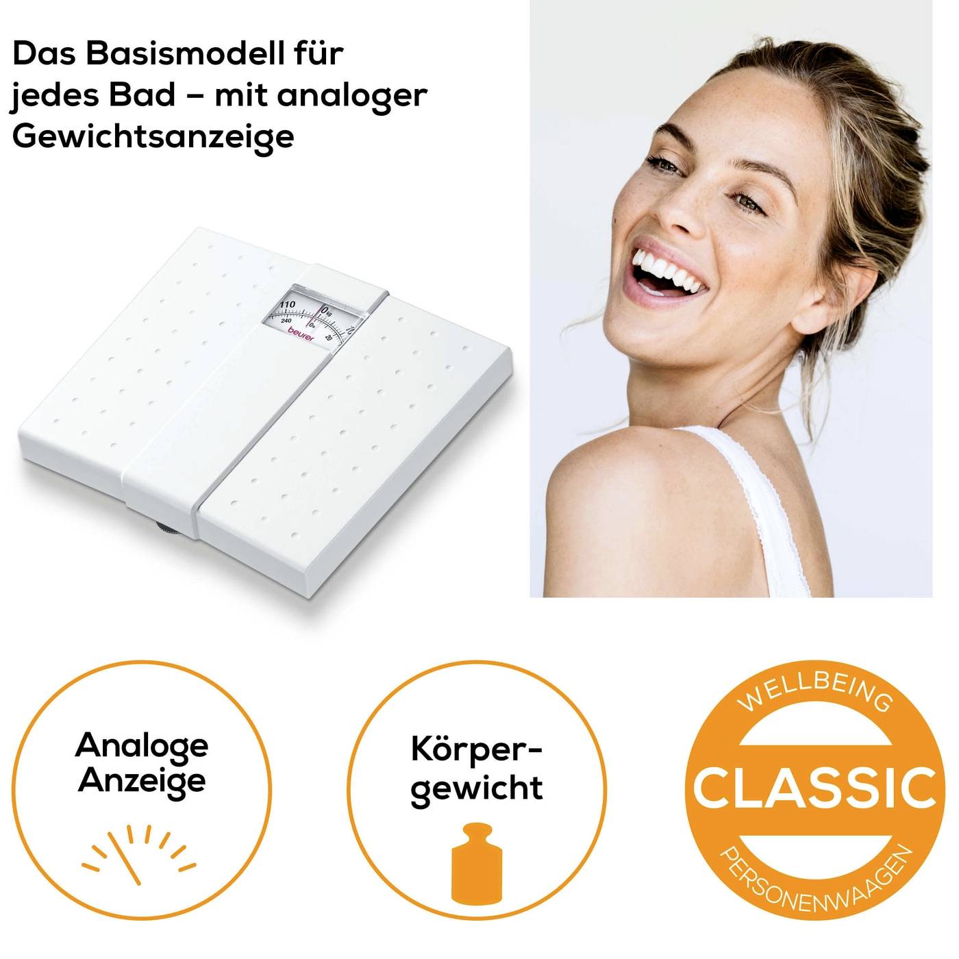 A mechanical personal weighing scale with an analogue display. Beside it, a smiling woman and symbols for analogue display and body weight.