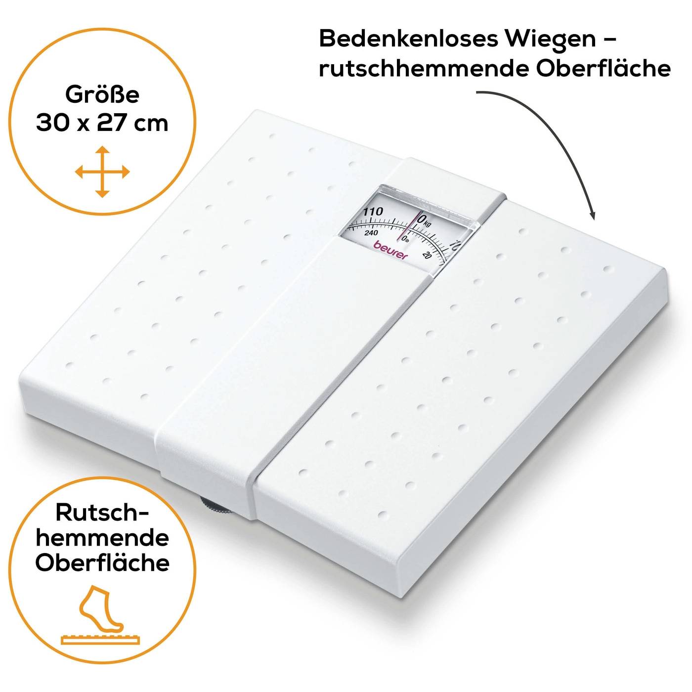 'White personal scale with non-slip surface and analogue display. Size 30 x 27 cm. Perfect for safe weighing.'