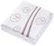 White folded blanket with pink stripes and decorative circles.