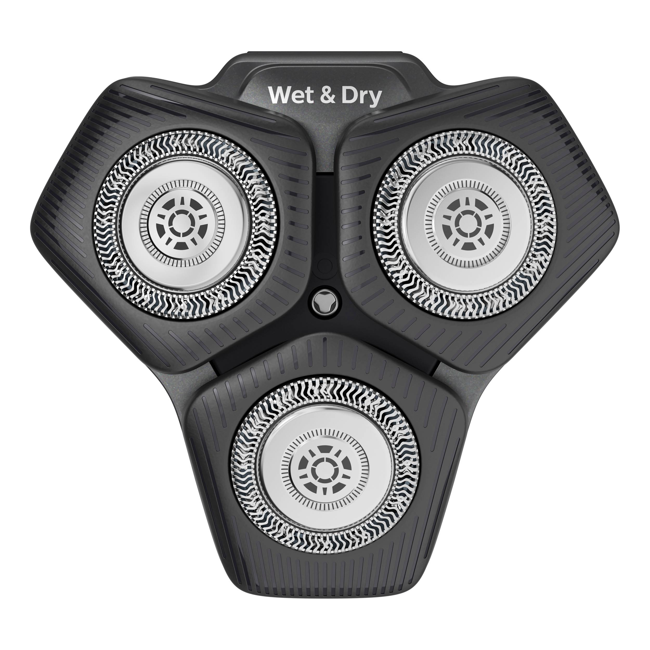 Three round, silver razor heads with black casing, labelled 'Wet & Dry', suitable for wet and dry shaving.