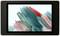 A tablet with abstract colours on the screen, featuring shades of blue, red, and green. The device is framed in a black border.