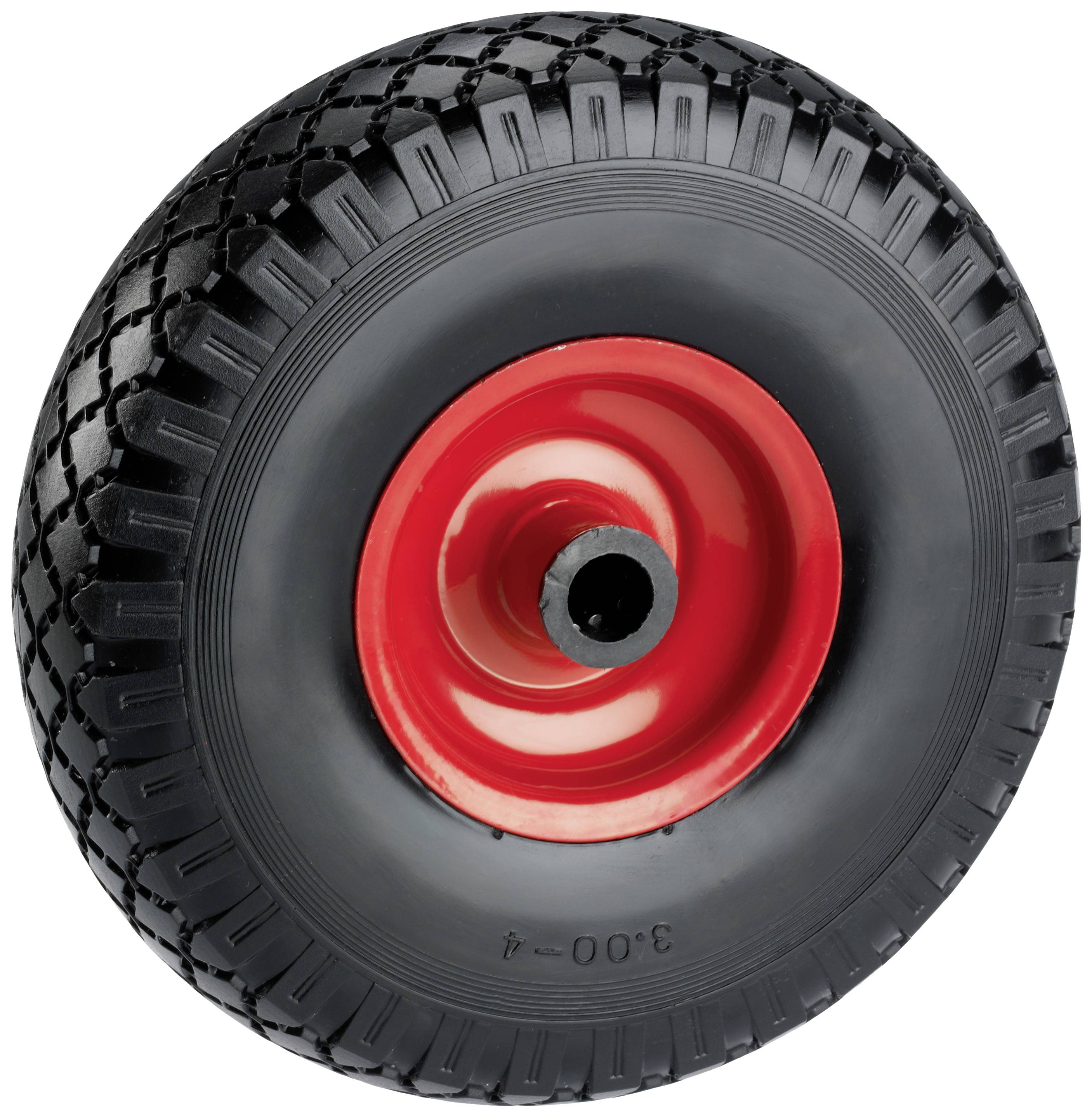 Black rubber wheel with red hub, predestined for wheelbarrows. Profiled design for better grip on different surfaces.