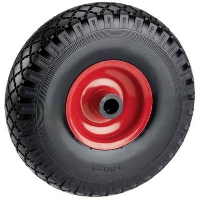 Black rubber wheel with red hub, predestined for wheelbarrows. Profiled design for better grip on different surfaces.