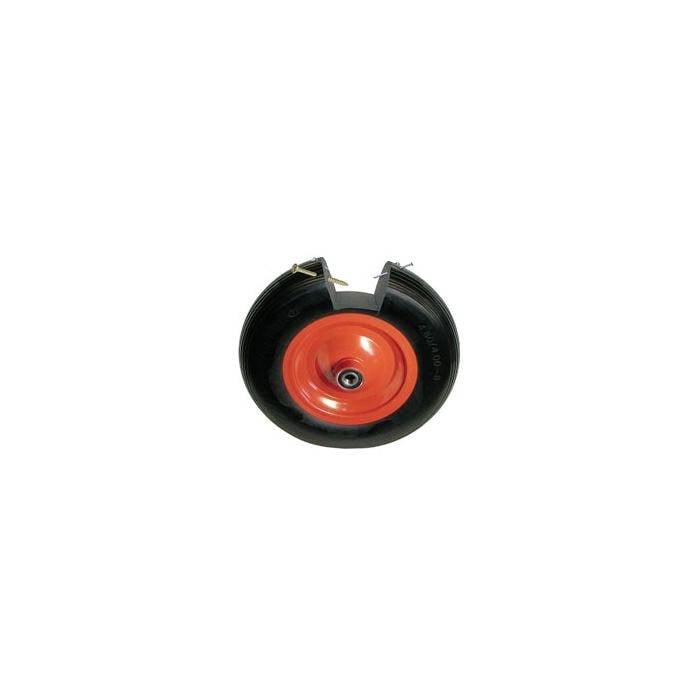 A single red and black wheel with a treaded tire, viewed from the side against a plain white background.