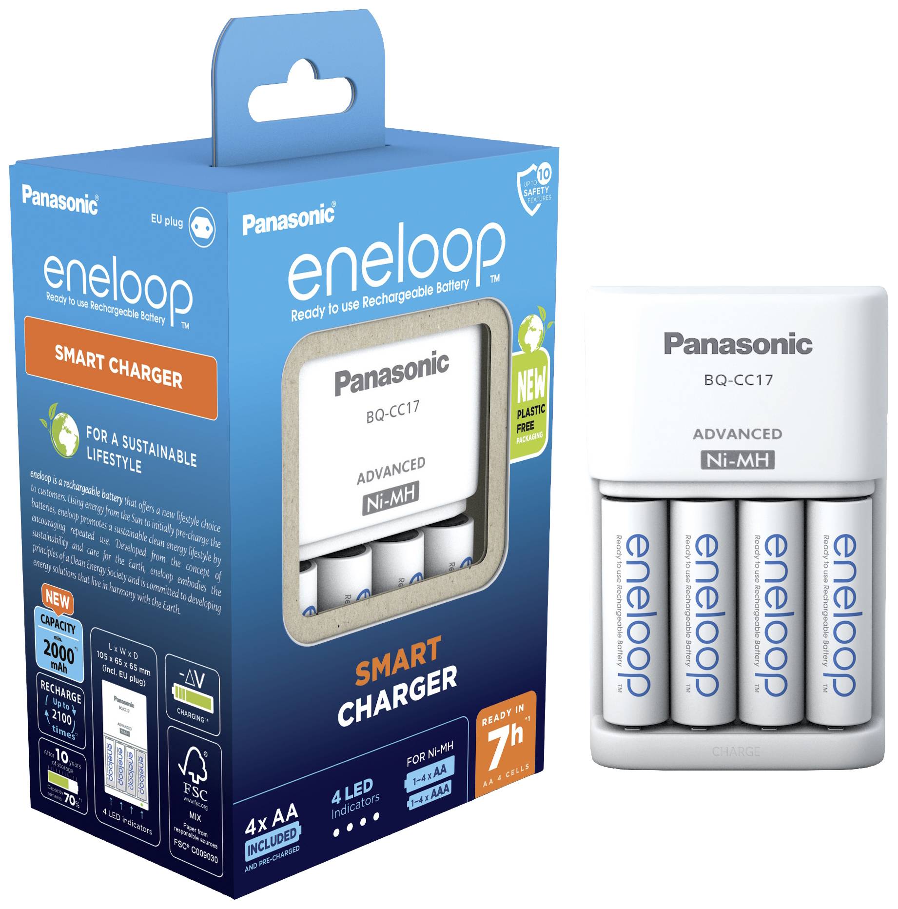 Battery charger packaging with four rechargeable AA batteries, brand 'Panasonic eneloop', highlighting sustainable features.