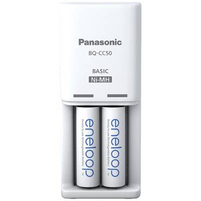 The image shows a Panasonic BQ-CC50 BAK-NiMH battery charger with two eneloop AA batteries inserted, in white.