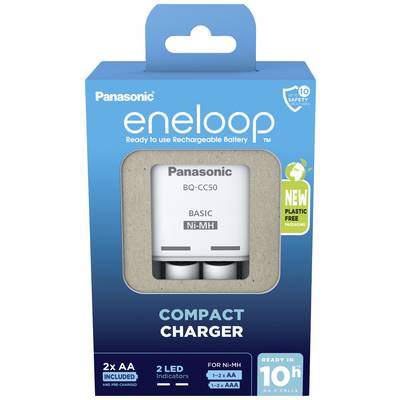 'Panasonic eneloop Compact Charger' in blue packaging, contains 2 pre-charged AA batteries, plastic-free, charges in 10 hours, LED indicators.