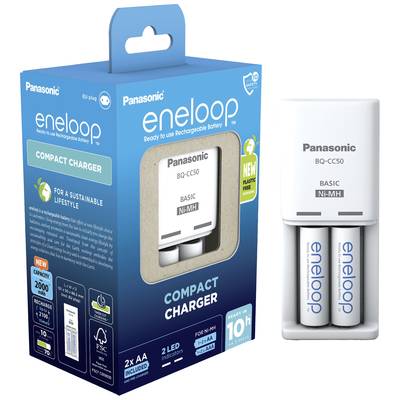 Charger 'Panasonic eneloop BQ-CC50' with two rechargeable AA batteries. Packaging emphasises sustainable lifestyle.