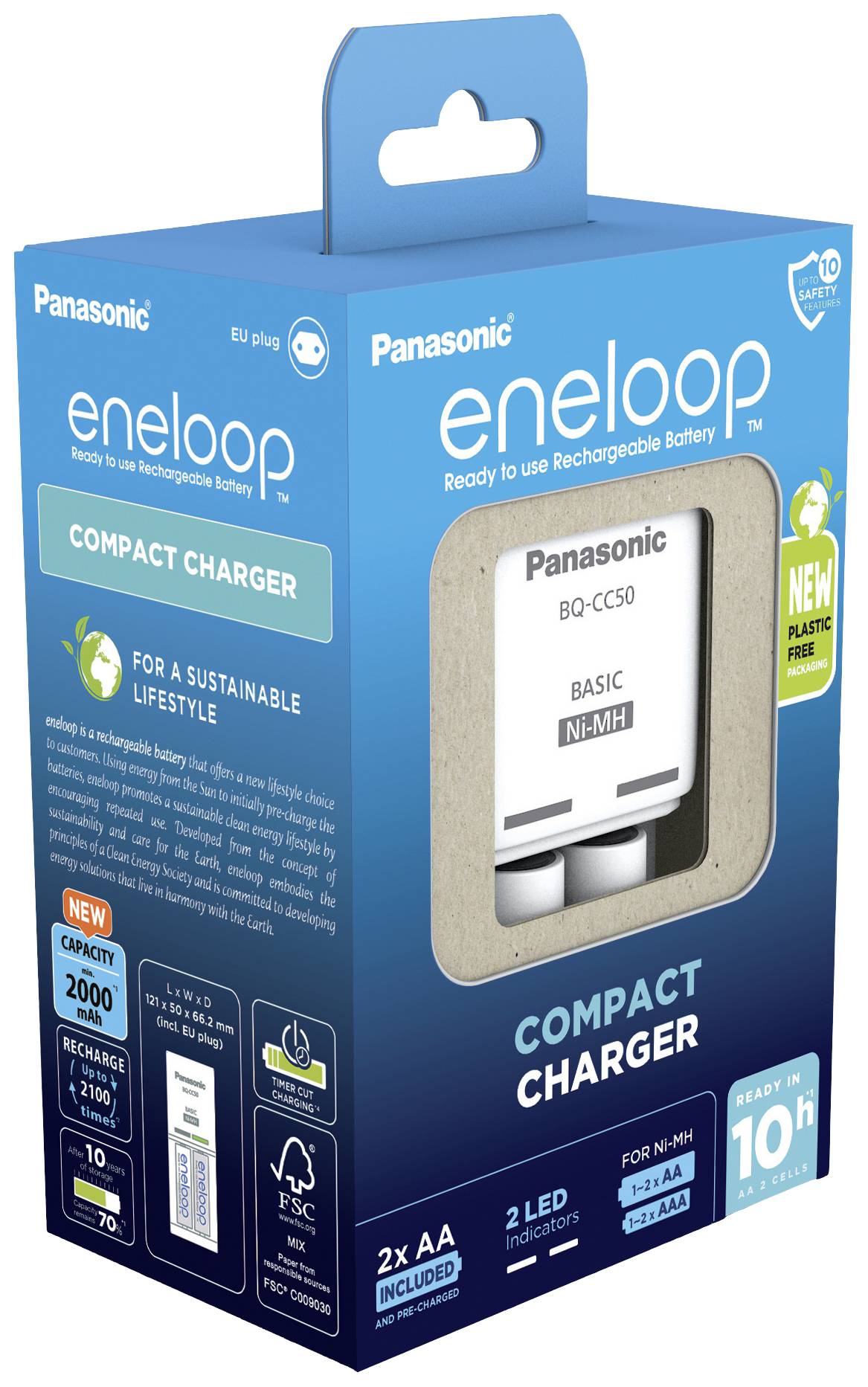 Packaging for a Panasonic eneloop Compact Charger. Contains two rechargeable AA batteries and a charger. Sustainability is emphasised.