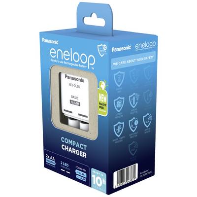 Panasonic eneloop Compact Charger in packaging; charges AA batteries, plastic-free, 10-hour charging time, with 2 LED indicators and safety features.